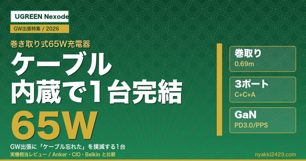 UGREEN Nexode 巻き取り式 65W 充電器 GW出張レビュー アイキャッチ画像